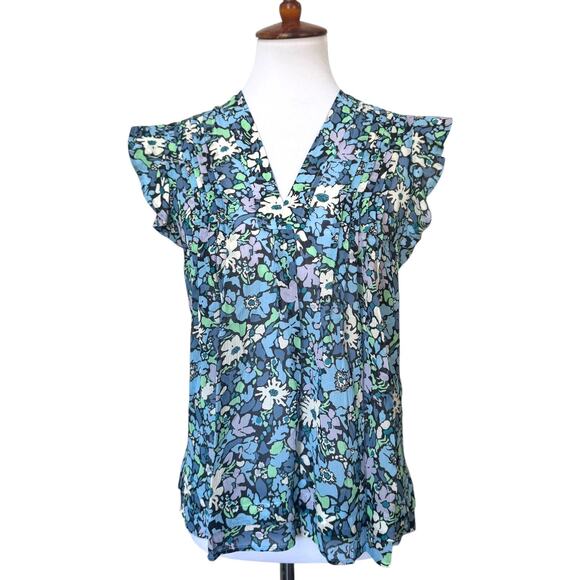 Derek Lam 10 Crosby Kona Blue Floral Flutter Short Sleeve Silk Blouse Top Size 2 - Picture 1 of 13